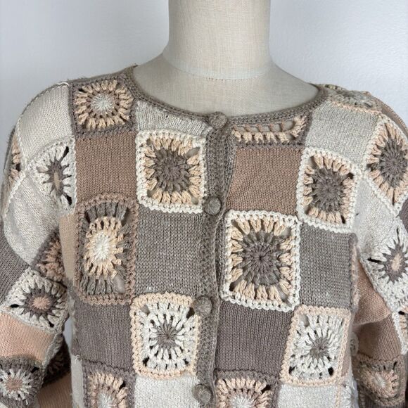 VTG Talbots Womens L Granny Square Cardigan Sweater Hand Knit Boho Hippie Retro - Picture 2 of 7